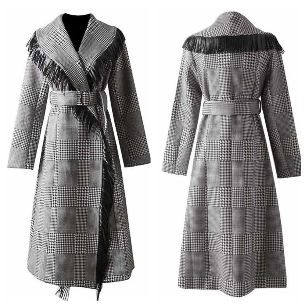 Houndstooth Microfiber Fringe Long Jacket - Picture 5 of 10